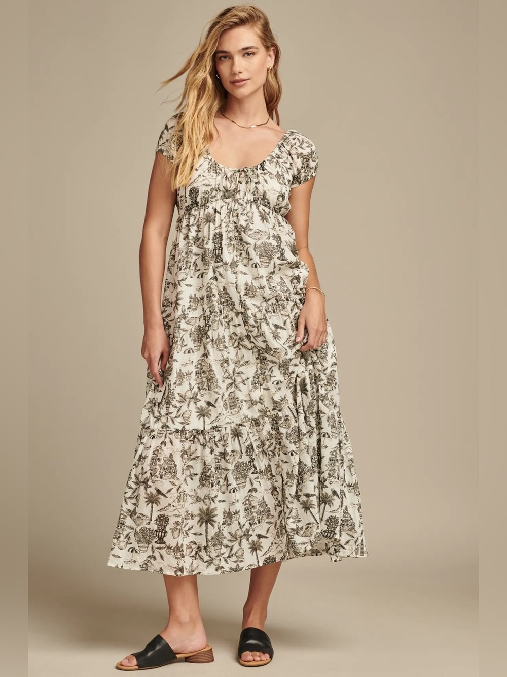 Lucky Brand Button Front Tiered Midi Toile Print Dress size XL